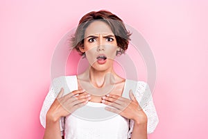 Photo portrait of gorgeous young lady point self offended stupor hear bad words wear stylish white outfit isolated on