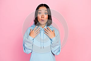 Photo portrait of gorgeous young lady pointing self frighten astonished trouble wear trendy blue garment isolated on