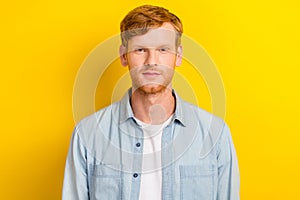 Photo portrait of handsome young man smiling looking camera shopping banner dressed trendy denim outfit isolated on