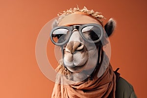 Photo portrait of happy camel wearing glasses and touristic clothes, created with Generative AI technology