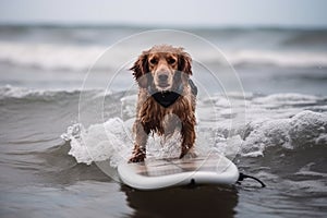 Photo portrait of a happy dog dressed like a surfer, concept of Canine fashion, created with Generative AI technology