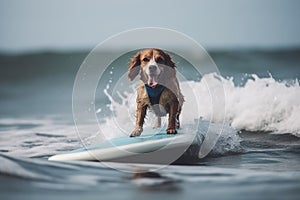 Photo portrait of a happy dog dressed like a surfer, concept of Canine fashion, created with Generative AI technology