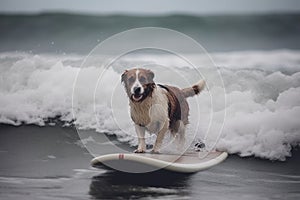 Photo portrait of a happy dog dressed like a surfer, concept of Canine fashion, created with Generative AI technology