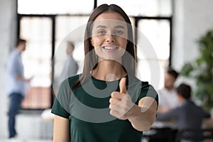 Photo portrait of happy hired employee recommending internship program