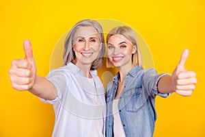 Photo portrait of happy mother and daughter smiling showing thumb-up like sign isolated vibrant yellow color background