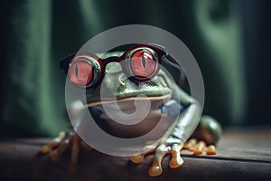 Photo portrait of happy red-eyed tree frog in travel clothes created with Generative AI technology