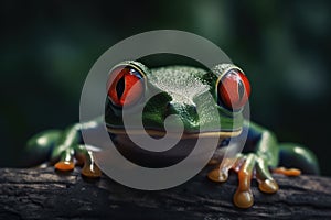 Photo portrait of happy red-eyed tree frog in travel clothes created with Generative AI technology