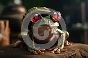 Photo portrait of happy red-eyed tree frog in travel clothes created with Generative AI technology