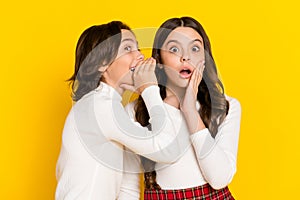 Photo portrait of little boy whispering amazed girl touching cheek secret  on vibrant yellow color background