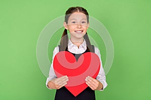 Photo portrait little girl cute cheerful keeping red paper heart isolated pastel green color background