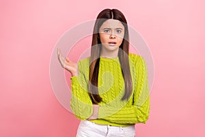 Photo portrait of lovely teen lady sad depressed argue bad mood stressed dressed stylish green clothes isolated on pink
