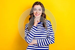 Photo portrait of lovely young lady touch chin consider proposal confident dressed stylish striped look isolated on