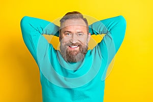 Photo portrait of nice retired man arms behind head smile relax finish work dressed stylish cyan outfit isolated on