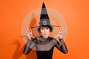 Photo portrait of nice young lady say boo witch frighten disobedient kids dressed trendy black halloween look isolated