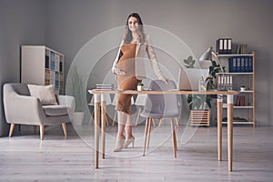 Photo portrait of pregnant woman standing leaning on chair at desk in modern office