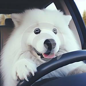 Photo portrait of a Scared Samoyed dog driver driving. ai generative