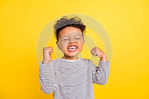 Photo portrait small boy gesturing like winner overjoyed isolated vivid yellow color background