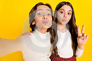 Photo portrait of small kids taking selfie showing v-sign gesture sending air kiss  on bright yellow color