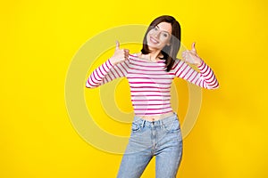 Photo portrait of winsome young lady show double thumb up good job encourage wear trendy striped outfit isolated on
