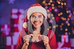 Photo portrait of woman holding gingerbread man cookie with two hands