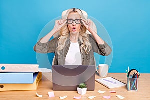 Photo portrait woman working at office amazed got trouble deadline isolated pastel blue color background