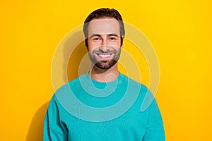 Photo portrait of young positive smile brunet hair attactive student guy wear blue jumper enjoy his freelance job