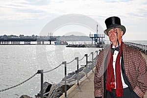 Posh city gent on bridge pier neptunes arm herne bay kent top hat photo