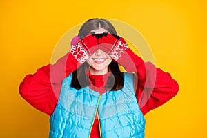 Photo of positive cheerful girl close cover face hands mittens eyes wait her boyfriend give her noel gift secret present