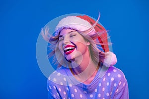 Photo of positive cheerful girl closed eyes wear trendy ugly clothes having fun night club isolated on blue color