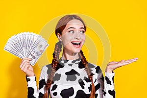 Photo of positive excited lady dressed cowskin print top holding cash fan looking showing arm empty space isolated photo