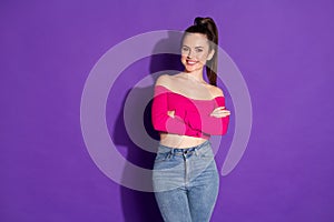 Photo of positive girl cross hands isolated over bright shine violet color background