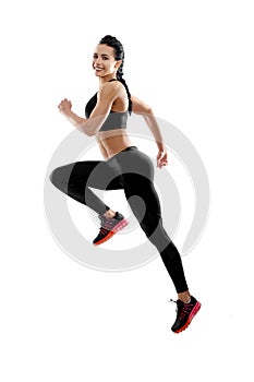 Photo of positive jumping woman.