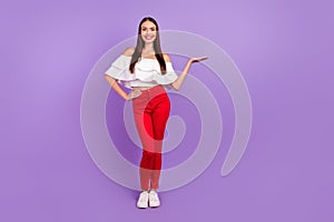 Photo of positive reliable lady hand demonstrate empty space wear white blouse isolated violet color background