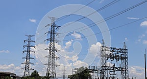 Photo of a power distribution station and high voltage poles on a sky background.