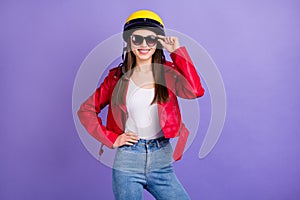 Photo of pretty attractive cool lady motorcyclist ready for bike tour wear sun specs stylish yellow helmet leather