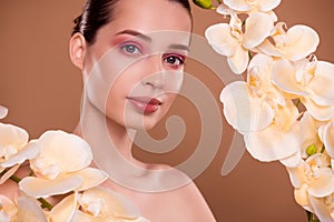 Photo of pretty attractive lady in rochid garden enjoy organic beauty product for flawless smooth skin