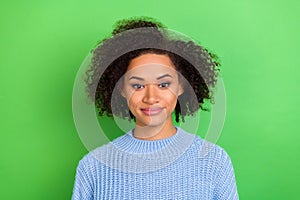 Photo of pretty beautiful adorable woman with perming hairstyle dressed blue pullover smiling on camera isolated on