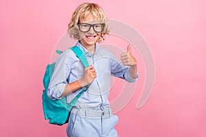 Photo of pretty charming schoolboy wear blue shirt spectacles rucksack smiling showing thumb up isolated pink color