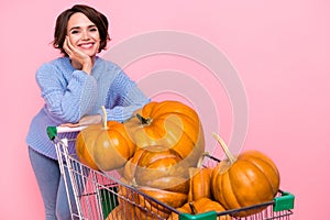 Photo of pretty cheerful girl hand on cheek look camera toothy smile isolated on pink color background