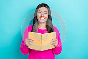 Photo of pretty cute lady wear pink clothes hands hold book diary planner preparing exam isolated on cyan color