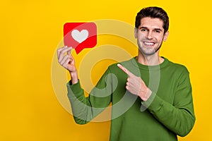 Photo of pretty cute young guy wear green sweater pointing finger heart like sign isolated yellow color background