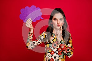 Photo of pretty dreamy woman wear flower print dress looking empty space mind cloud isolated red color background