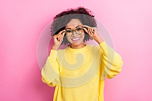 Photo of pretty funky woman dressed kitted pullover arms glasses smiling isolated pink color background