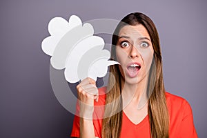 Photo of pretty funny lady holding paper mind cloud afraid of people need to say news can`t find words wear casual