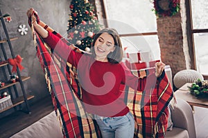 Photo of pretty girl toothy smile play checkered plaid closed eyes wear red pullover jeans in decorated x-mas living
