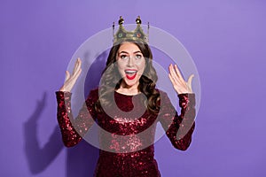 Photo of pretty lady festive party event prom queen nomination excited crown on head overjoyed wear sequins burgundy