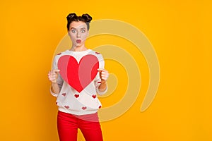 Photo of pretty lady open mouth hold paper heart showing unexpected postcard date invitation wear white red hearts