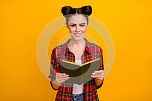 Photo of pretty student lady two cute buns read interesting story favorite novel addicted reader book worm wear casual