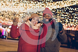 Photo of pretty sweet boyfriend girlfriend dressed winter season outfits drinking noel x-mas beverage outdoors urban