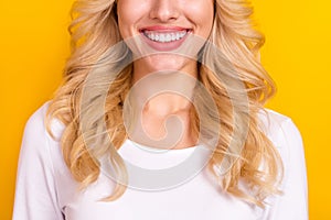 Photo of pretty sweet cute lady dressed white shirt smiling white teeth  yellow color background